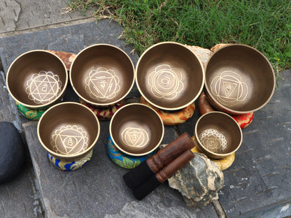 Chakra Etched Tibetan Singing bowl Set of 7 | Meditation spiritual yoga bowl for Sound Healing