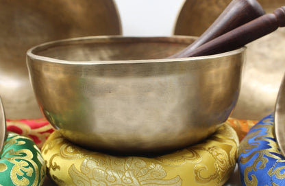 Handmade Golden Colored Dim Singing Bowl Set of 7 Professional Chakra Tuned Bowl for Meditation Chakra Balancing Sound Therapy